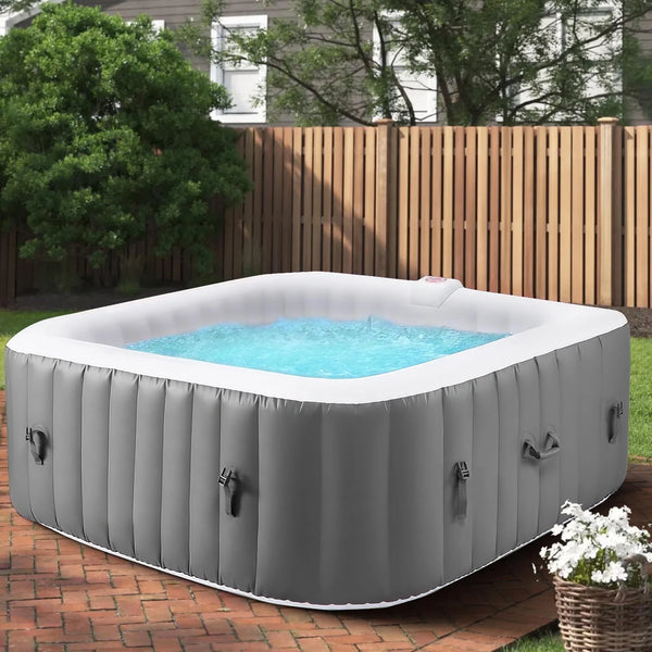 73In Square Hot Tub for 4-6 Person,  Inflatable Hot Tub Home SPA for Outdoor, 910L Capacity, 130Pcs Massage Jets, W/4 Filters, Lockable Cover, Storage Bag, 2 Cup Holder, Gray