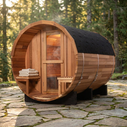 6-Person Patchworkred Cedar Traditional Steam Barrel Sauna — Studio Shot