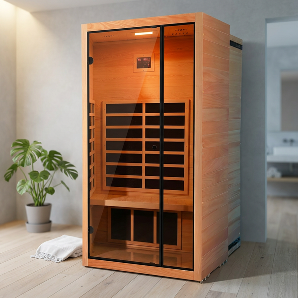 1 Person Extendable FAR Infrared Sauna for Home, Hemlock Wood Low EMF 6 Carbon Heaters Indoor Saunas with LED Lights, Bluetooth Speaker, Digital Control Panel, and Seating Bench