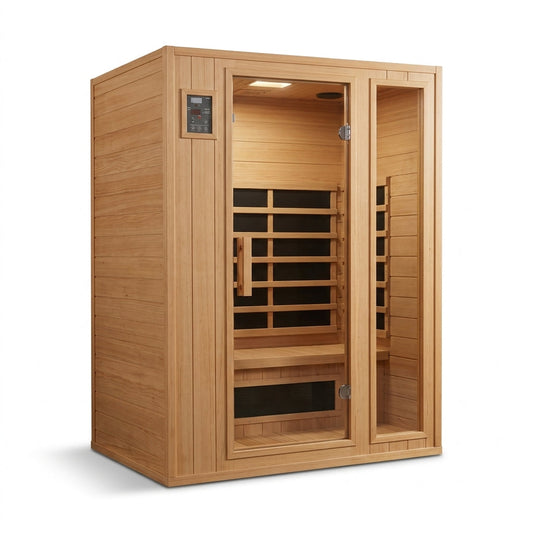 Home Sauna Room 2-Person Indoor Hemlock Wooden Infrared Indoor Sauna Spa with Bluetooth Digital Control Panel — Studio Shot