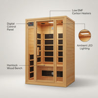 1 Person Extendable FAR Infrared Sauna for Home, Hemlock Wood Low EMF 6 Carbon Heaters Indoor Saunas with LED Lights, Bluetooth Speaker, Digital Control Panel, and Seating Bench — Feature Infographic