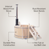 Wood Fired 4-Person to 5-Person 0-Jet Hot Tub and Ice Bath with Internal Stove Pine — Feature Infographic